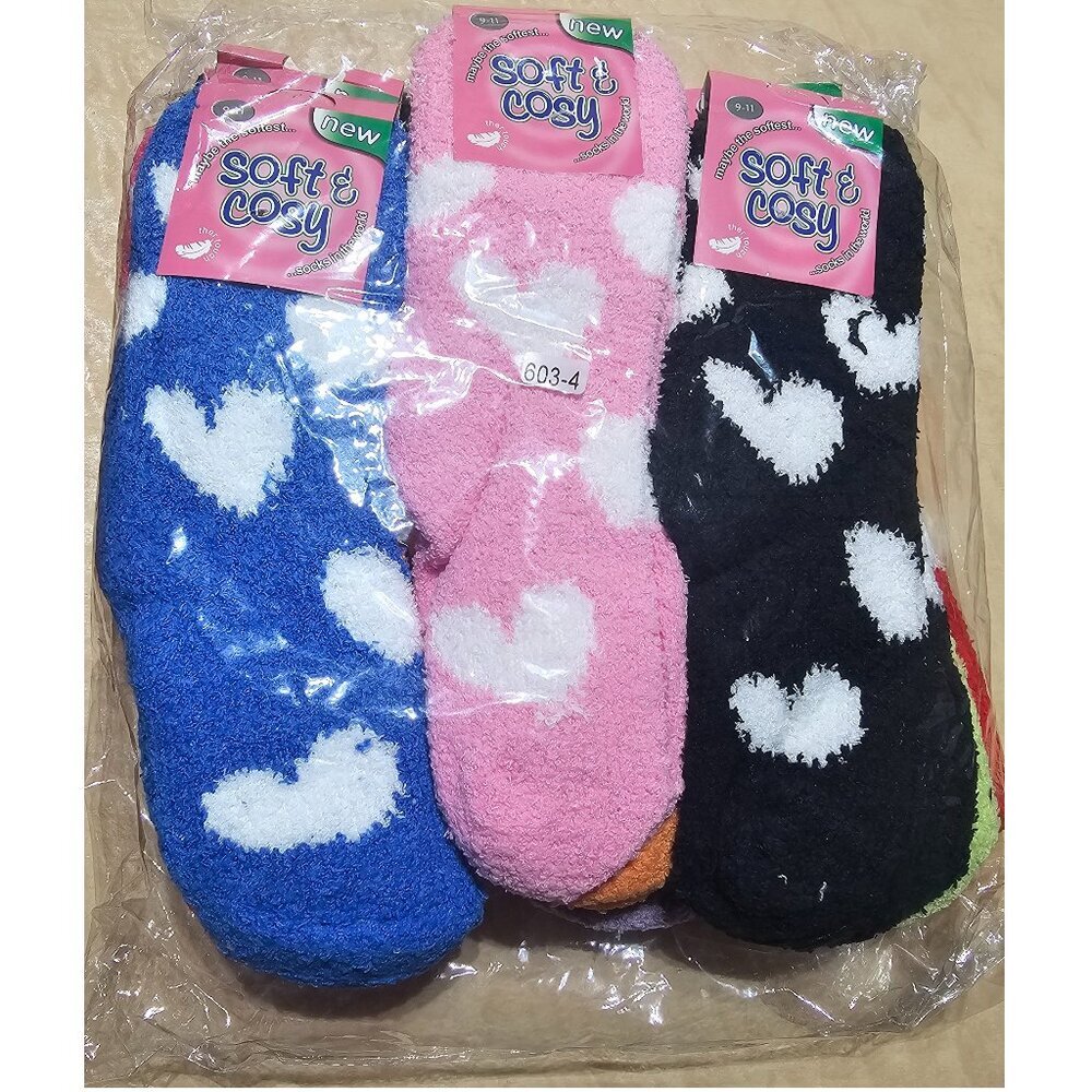 Soft & Cosy Fuzzy Socks, Heart Pattern, 6 pairs